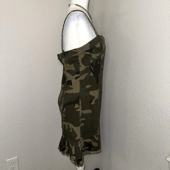 Kendall & Kylie Camo Print Ruffle Raw Hem Overall Stretchy Sheath Dress Sz M - Picture 2 of 8